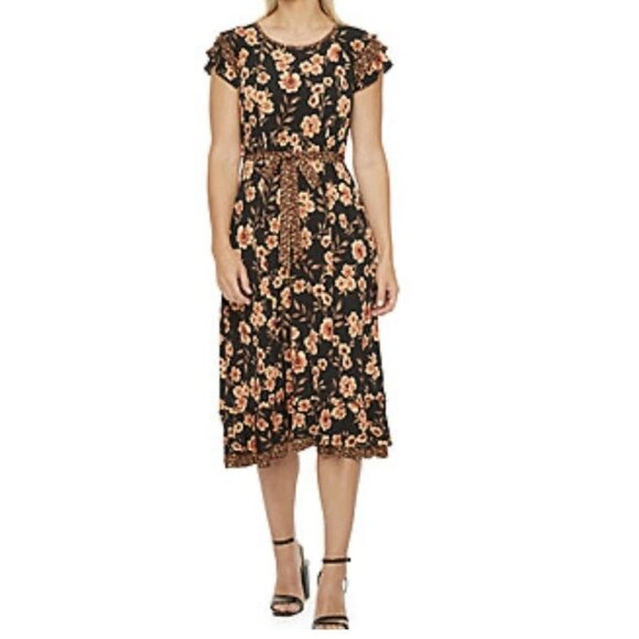 New! Perceptions XL Petite Ruffled Sleeve Short Sleeve Floral Midi Fit + Flare - Picture 1 of 16